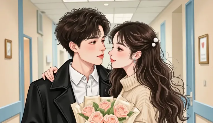 A semi-realistic manhwa-style portrait of a beautiful couple standing close together in the center. The man is tall, fair-skinned, with tousled black hair, sharp jawline, long lashes, and wearing a tailored black coat over a white shirt, looking slightly d...
