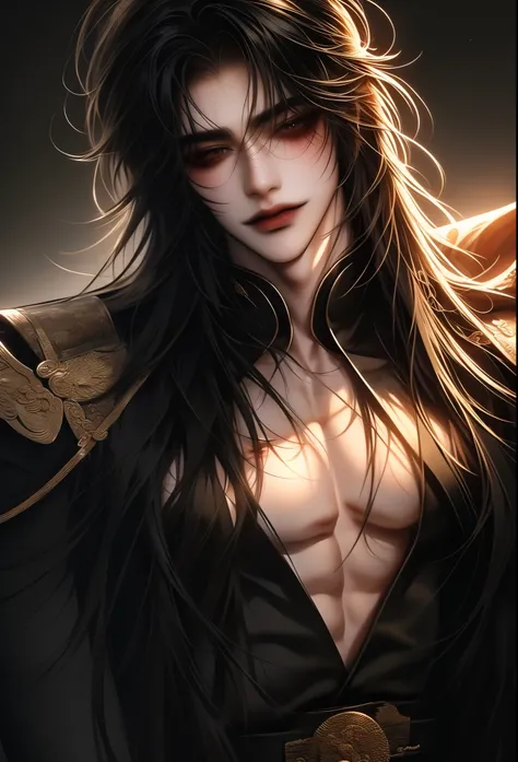 A handsome young man in an ancient Chinese dress of the Han Dynasty, 20 years old, wearing a black robe, a cool handsome face, a cool handsome face, cunning eyes, a thin smile, dark eyebrows, round eyes, a nose by white skin, long hair, completely black.