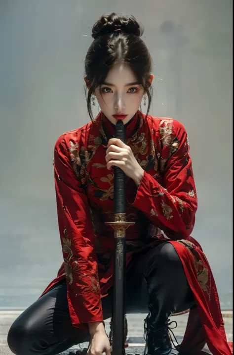 Smoky makeup:2,Black eyeshadow:2,Black lips:2,anatomical correct:2,solo,word
xuer ai yazawa style girl,1 Girl,Solitary,Black Hair,Hair Bun,Chinese clothes,Keep,Keep weapon,twice as good,Bangs,blunt Bangs,One knee,looking at the audience,Jewelry,earrings,bl...