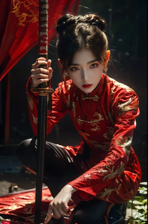 Smoky makeup:2,Black eyeshadow:2,Black lips:2,anatomical correct:2,solo,word
xuer ai yazawa style girl,1 Girl,Solitary,Black Hair,Hair Bun,Chinese clothes,Keep,Keep weapon,twice as good,Bangs,blunt Bangs,One knee,looking at the audience,Jewelry,earrings,bl...