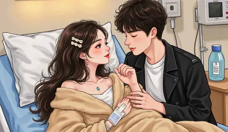 A semi-realistic manhwa-style scene of a romantic hospital moment. The young man is sitting beside a hospital bed, leaning gently toward the woman with a warm and caring expression. He is tall, with fair skin, tousled black hair, long lashes, and wears a f...