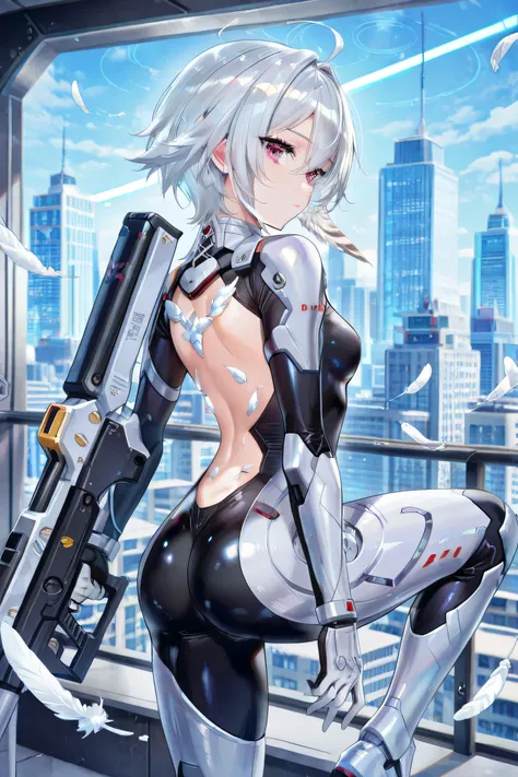 cute girl with long silver hair small breasts, small buttocks Shi is wearing all covered body white mechanical suit with feathers on her back. I have a beam rifle. future city above the knee composition