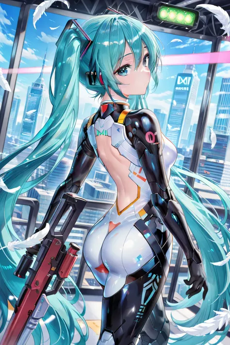 cute girl hatsune miku small breasts, small buttocks Shi is wearing all covered body white mechanical suit with feathers on her back. I have a beam rifle. future city above the knee composition