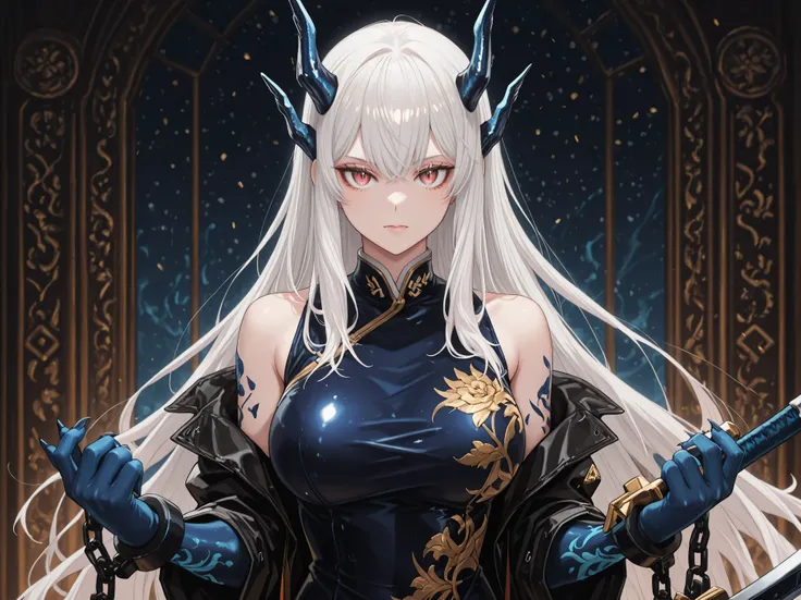 Solo, ung girl, facing the viewer, white hair, hairstyle of Uzen Kyouka from Chained Soldier, face of Uzen Kyouka from Chained Soldier, eyes in the tone of Amaranth, long bangs, perfect anatomy, student, horns of Uzen Kyouka from Chained Soldier, eyes horn...
