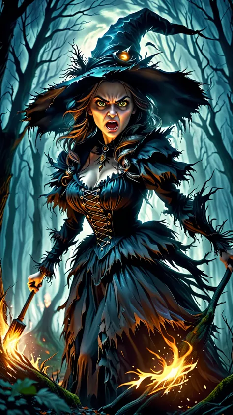Dynamic photo of a angry scary witch in a forest at dark night, realistic cinematic style, 4k ultra HD quality in 3D