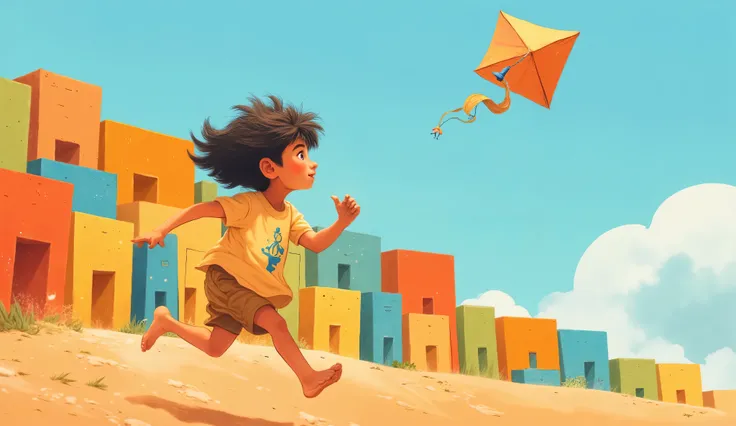 Barefoot Brazilian boy with tousled hair running on dirt ground, flying a vibrant kite, wearing simple shorts and t-shirt, rectangular colorful favela houses stacked on hillside in background, geometric simplified architecture, bright sunlight, clear blue ...