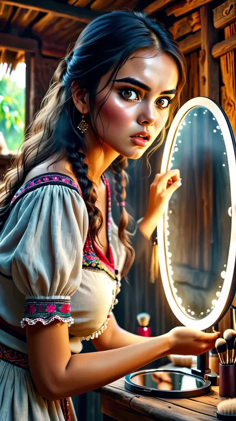 Dynamic photo of a cute beautiful gorgeous girl seeing in a makeup mirror in angry mood, in a village hut, realistic cinematic style, 4k ultra HD quality in 3D