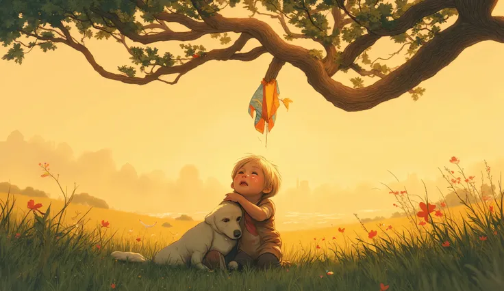 Sad sitting on grassy ground crying, hugging his knees tightly, looking up at his colorful kite tangled in tree branches, golden hour sunlight, countryside field with tall grass and wildflowers, small loyal dog comforting the boy, birds flying in the sky,...