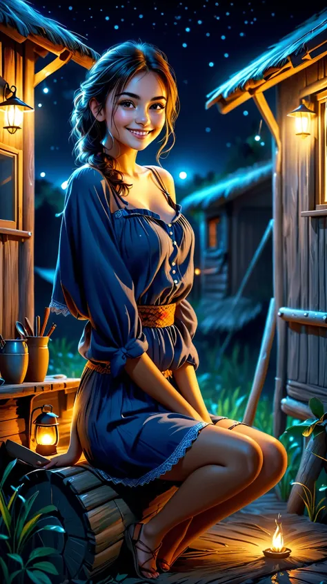 Dynamic photo of a cute young beautiful gorgeous sexy girl, sitting with smiling, outside of a hut, at night time, realistic cinematic style, 4k ultra HD quality in 3D