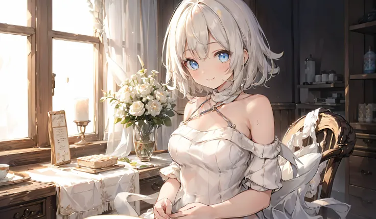(from below:1.4),((1girl, silver-haired , short hair, Sparkling Eyes and Contagious Smile Blue Eyes , beautiful eyes on my stomach,  very nice smile :1.5, ), ( Off Shoulder Dress, sweater dress), ray tracing, bright colors, girl, masterpiece, sharp concent...
