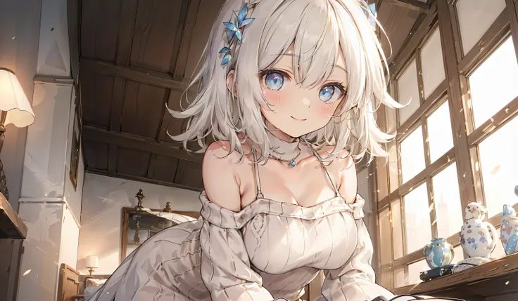 (from below:1.4),((1girl, silver-haired , short hair, Sparkling Eyes and Contagious Smile Blue Eyes , beautiful eyes on my stomach,  very nice smile :1.5, ), ( Off Shoulder Dress, sweater dress), ray tracing, bright colors, girl, masterpiece, sharp concent...