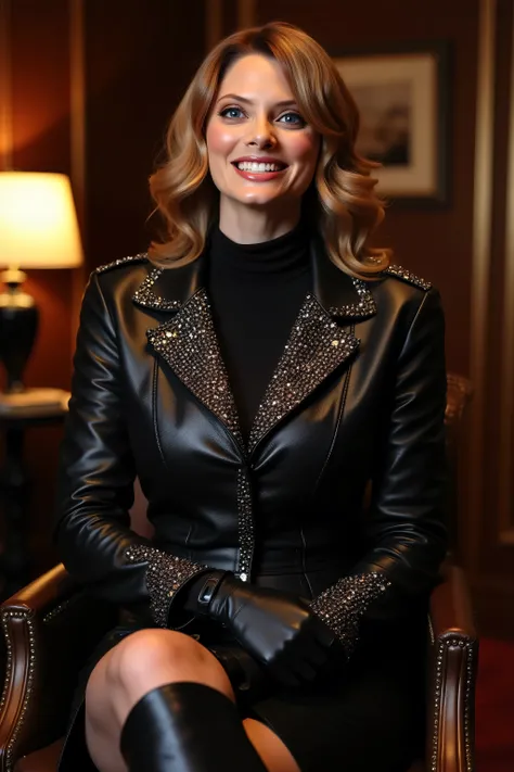 Woman in a black leather diamond encrusted leather business suit jacket. black leather skirt to knees. Black leather knee high boots. she is wearing black leather opera gloves. She is smiling. she is wearing brown blonde hair. she is sitting on a chair.