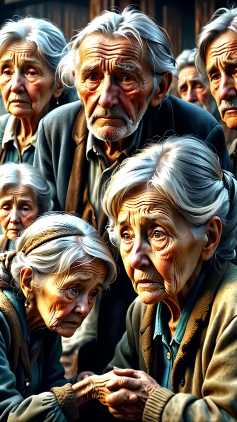 Dynamic photo of some sad and helpless old peoples, realistic cinematic style, 4k ultra HD quality in 3D