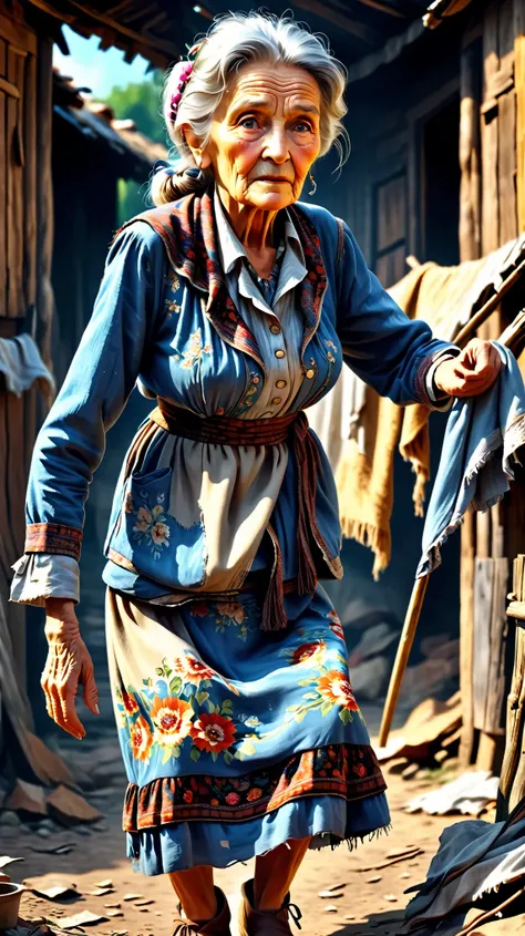 Dynamic photo of a old lady in torn old clothes, at a village, realistic cinematic style, 4k ultra HD quality in 3D