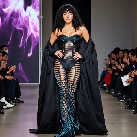 Met Gala 2025, "Superfine: Tailoring Black Style". Cinna - Twitch Streamer, curly hair. She wears a stunning cut gown, with neon lines that light up the room and stand out, a combination of high-tech and delicacy that fuses geometric motifs. The fabric is ...