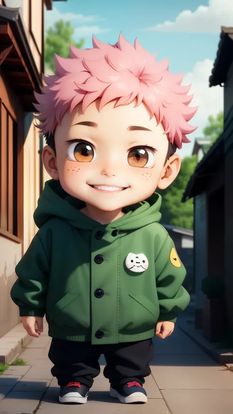 (extremely detailed CG unity 8k wallpaper), chibi cute Yuuji Itadori, smile face, full body, village background
