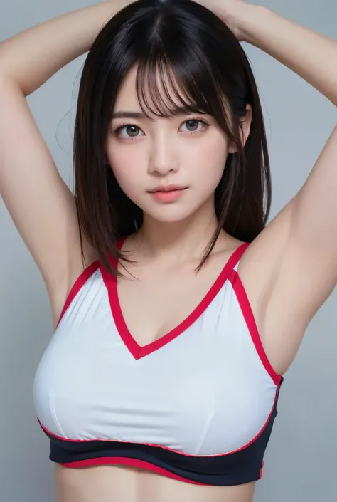 A Japanese woman in her 20s is sweating after a workout with the track and field club. She is doing calisthenics. She looks a little young.