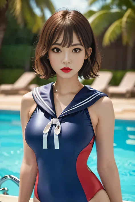 Highest quality, photo realistic, high resolution, masterpiece, colorful to keep.
Upper body.
Super beautiful woman, looks like a intimidating dominatrix, closed mouth, condescending gaze, (staring at the viewer:1:2), makeup, light red lips, short wavy hai...