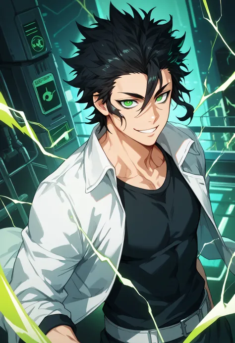 black hair, man, green eyes, white skin, strong, strong physique, black shirt, focus on character, technological laboratory, futuristic laboratory, smiling, cheerful, messy hair, looking at viewer, anime style, young, athletic, electricity, green energy, w...