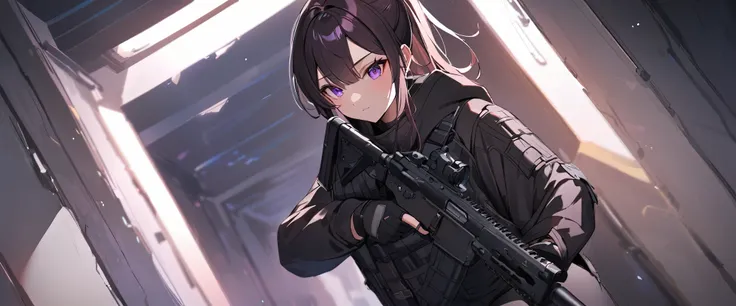One girl, Dark hair with purple strands, Ponytail, purple eyes, black outfit,wearing bulletproof vest,background,brut architecture, corridor.