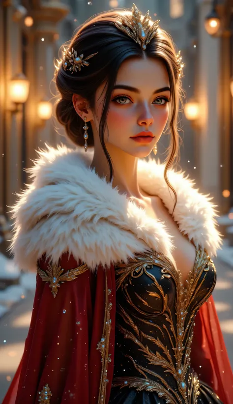 A breathtaking fantasy noblewoman standing gracefully at a winter evening ball, surrounded by softly falling snow and warm golden street lamps glowing in the background. She wears an opulent black and crimson gown adorned with intricate gold embroidery and...