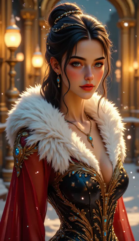 A breathtaking fantasy noblewoman standing gracefully at a winter evening ball, surrounded by softly falling snow and warm golden street lamps glowing in the background. She wears an opulent black and crimson gown adorned with intricate gold embroidery and...