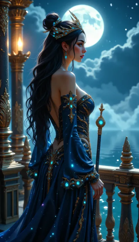 A regal enchantress stands atop a polished obsidian balcony overlooking a moonlit sea. Her elaborate silk robes shimmer with sapphire, jade, and gold thread. Her corset is encrusted with blue gems that glow faintly, pulsing with arcane energy. Her jet-blac...