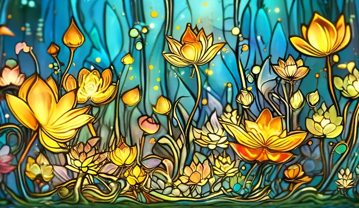 Elegant splash art. Extreme close-up. Tiny pixies bottle "Essence of Life" in a hidden glade. Dynamic lighting. The pixies are clad in shimmering silks. Art nouveau. Intricate patterns adorn the glade. Vivid colors. Best quality, a masterpiece, incredibly ...