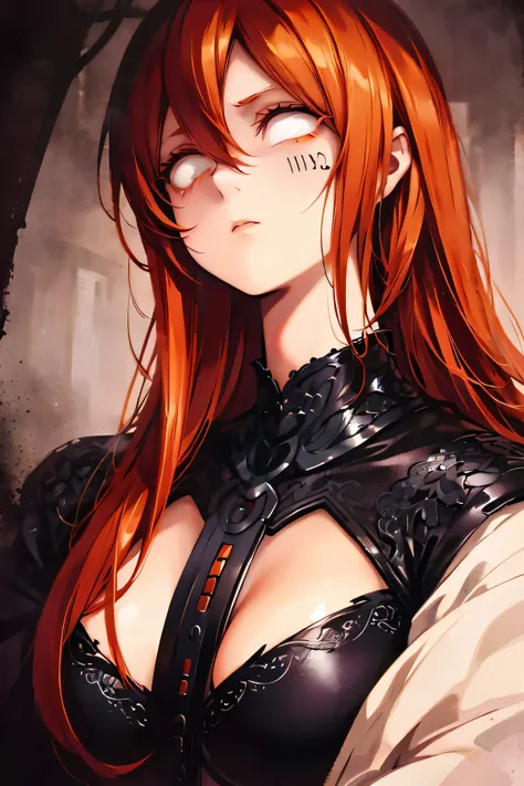 a woman with orange hair,Full height,whiteeyes,in revealing clothes,detailed facial features,intense expression,dramatic lighting,moody atmosphere,cinematic,dark fantasy,digital painting,masterpiece,4k,ultra-detailed,dramatic colors,dark colors,chiaroscuro...