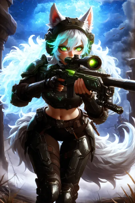 Masterpiece, best quality, amazing quality, absurdres, very aesthetic, lazypos, 3D, 1 woman, (tall, slim, medium-big chest, large hip, silver long hair, fluffy hair, wolf ears, fluffy ears, wolf eyes, fluffy tail, clear skin), smooth natural moonlight with...