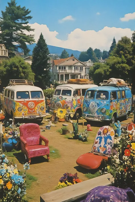 A serene and cozy California landscape that embodies the vibrant colors and carefree atmosphere of the 1960s hippie culture. The image should include painted Volkswagen vans, floral patterns, and DIY elements, reflecting the peace and love ideology of the ...