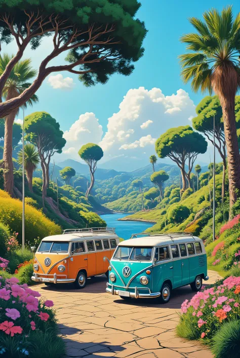 A serene and cozy California landscape that embodies the vibrant colors and carefree atmosphere of the 1960s hippie culture. The image should include detailed painted Volkswagen vans, detailed floral patterns, and detailed DIY elements, reflecting the peac...