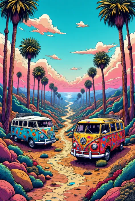A serene and cozy California landscape that embodies the vibrant colors and carefree atmosphere of the 1960s hippie culture. The image should include detailed painted Volkswagen vans, detailed floral patterns, and detailed DIY elements, reflecting the peac...