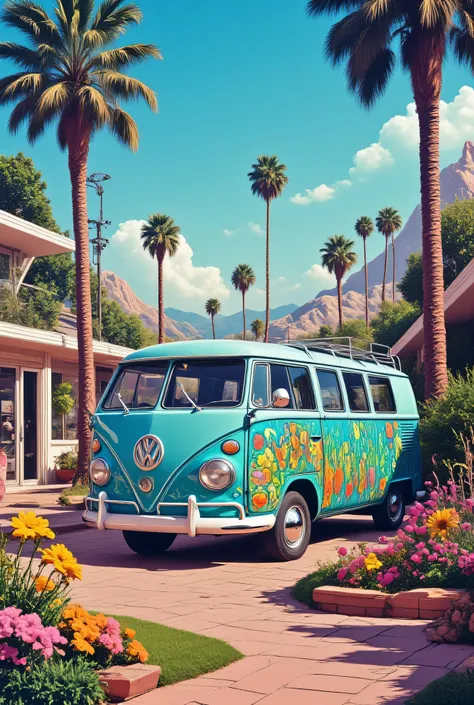 A serene and cozy California landscape that embodies the vibrant colors and carefree atmosphere of the 1960s hippie culture. The image should include detailed painted Volkswagen vans, detailed floral patterns, and detailed DIY elements, reflecting the peac...