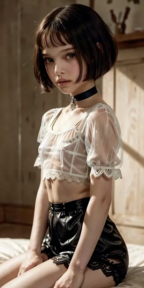 (Matilda, ta, Natalie Portman from LEON the Professional movie), short hair with bangs, Face of pleasure, face, s, ((((Clothing see-through Matilda lace outfit)))), slim female, Mathilda outfit, detailed face, smirk, ((small breasts, small head)), daylight...