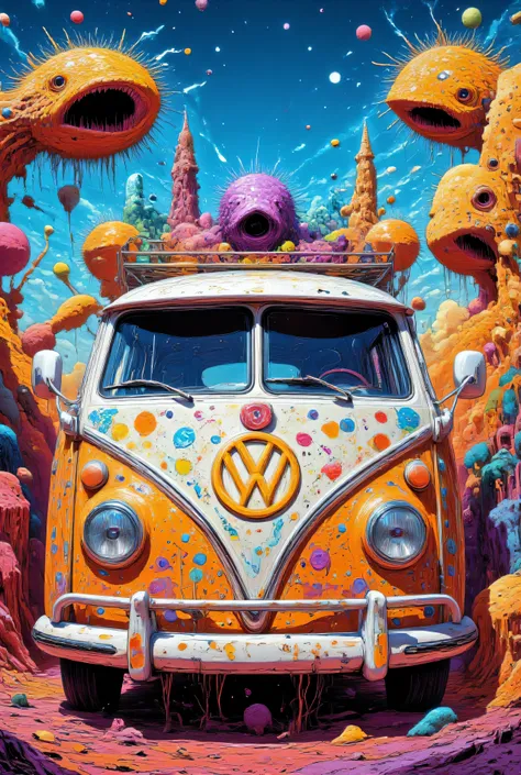 A serene and cozy California landscape that embodies the vibrant colors and carefree atmosphere of the 1960s hippie culture. The image should include painted Volkswagen vans, floral patterns, and DIY elements, reflecting the peace and love ideology of the ...