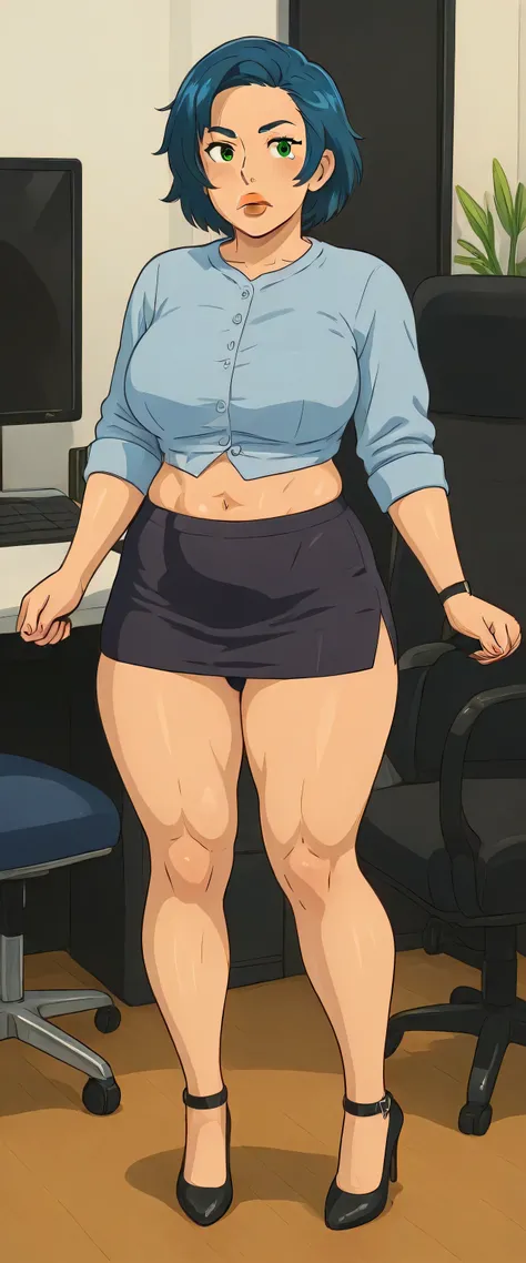 An attractive sexy office girl big breasted beautiful blossoming blue hair short light her green eye red lip wears white button shirt cut off her navel and a purple mini skirt short big muscle sensual black heel