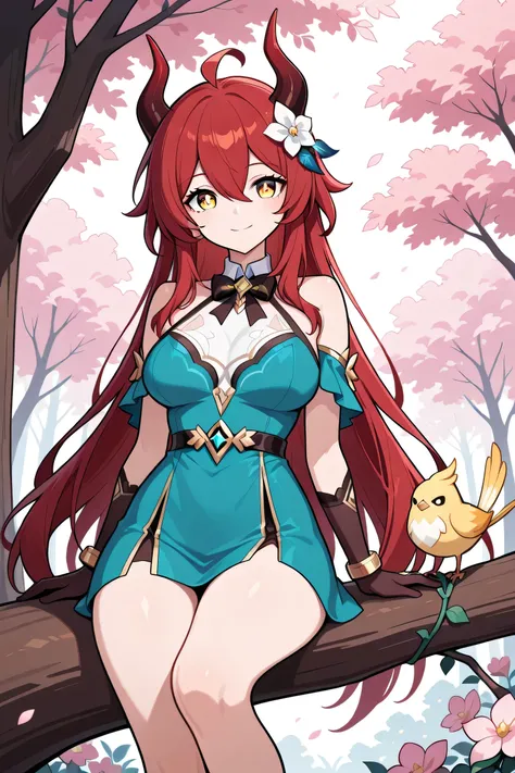 1 woman , adult, golden eyes , very long hair , long sidelocks, red hair, petite , very cute , beautiful ,Straight hair, cool, handsome, hair between eyes, sexy, large breast, sticker, forest (background), focus on face, flowers, vines, sitting on a tree b...