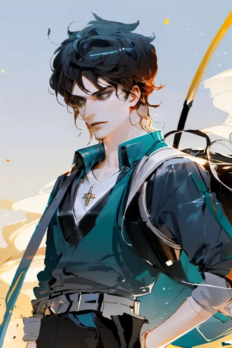 1men, slightly tanned skin, firm build, average height (1.66 m), black hair, long and rebellious , dark and expressive eyes, angled face, straight nose, labios marcados, serene but intense look, wears earth-tone linen tunic with leather belt, Worn sandal...