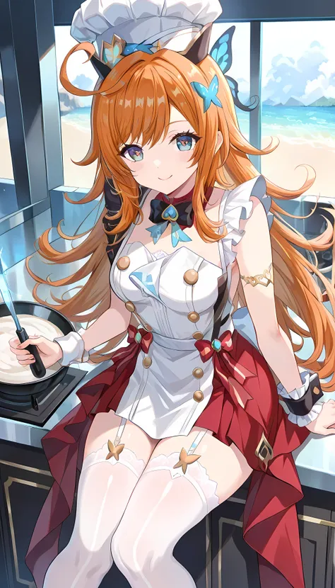 score_9, score_8_up, score_7_up, BREAK source_anime, (masterpiece), (Highest Quality), 1 girl,, escoffier \(genshin impact\), 1girl, smile,chef hat,long hair, stupid hair, butterfly hair ornament, orange hair, blue eyes, Ice Knives
Chest, medium breasts, ...