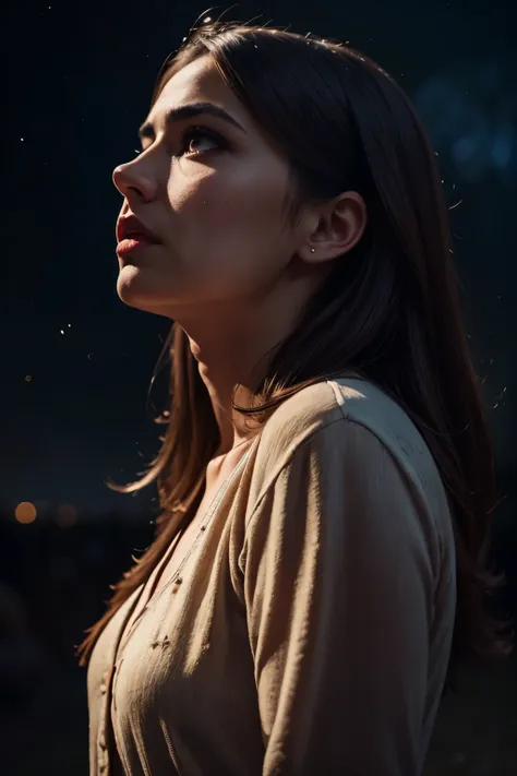 lost in contemplation under night sky, detailed portrait of pensive person, gazing upward, starry night sky in background, atmospheric lighting, moody colors, cinematic, dramatic, chiaroscuro, oil painting, 4K, ultra-detailed, photorealistic