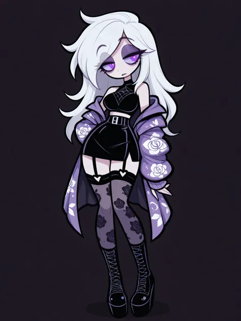 Woman, adult, cartoony style, pale skin, purple eyes, medium breasts, medium thighs, long pale white hair. She wears a fashionable, edgy outfit featuring a cropped black top with a diamond-shaped cutout, a short black skirt, thigh-high stockings with garte...
