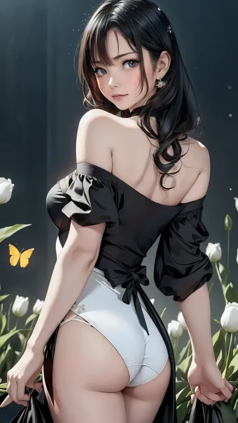 fluorescent color, 1 girl, look at side, beautiful face, Beautiful  eyes, (Off The Shoulder: 1.2), upperbody, shinny hair, shining skin, Reduction of glare emissions, The proportions of the fingers are coordinated, tenebrosa, ass pov, Dynamic angle, (((mas...