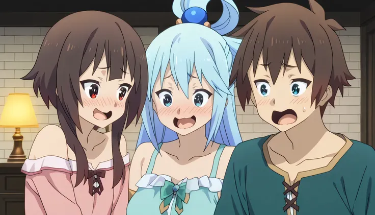 megumin, multiple_girls, 1boy, aqua_(konosuba), 2girls, satou_kazuma, blue_hair, pajamas, long_hair, blush, brown_hair, blue_eyes, red_eyes, open_mouth, short_hair, smile, bare_shoulders, breasts, meme