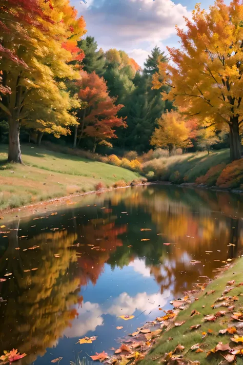 cloudy sky at autumn, detailed autumn landscape, rolling hills, colorful fall foliage, overcast sky, warm golden sunlight, dramatic clouds, vibrant orange and red trees, fallen leaves on ground, serene pond reflection, professional landscape photography, p...