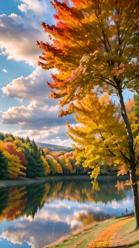 cloudy sky at autumn, detailed autumn landscape, rolling hills, colorful fall foliage, overcast sky, warm golden sunlight, dramatic clouds, vibrant orange and red trees, fallen leaves on ground, serene pond reflection, professional landscape photography, p...