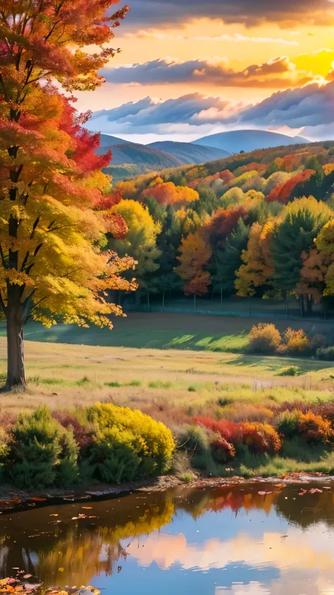 cloudy sky at autumn, detailed autumn landscape, rolling hills, colorful fall foliage, overcast sky, warm golden sunlight, dramatic clouds, vibrant orange and red trees, fallen leaves on ground, serene pond reflection, professional landscape photography, p...