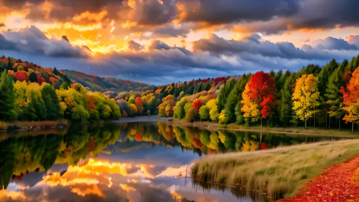 cloudy sky at autumn, detailed autumn landscape, rolling hills, colorful fall foliage, overcast sky, warm golden sunlight, dramatic clouds, vibrant orange and red trees, fallen leaves on ground, serene pond reflection, professional landscape photography, p...