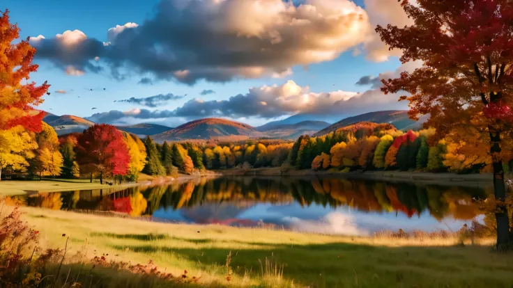 cloudy sky at autumn, detailed autumn landscape, rolling hills, colorful fall foliage, overcast sky, warm golden sunlight, dramatic clouds, vibrant orange and red trees, fallen leaves on ground, serene pond reflection, professional landscape photography, p...