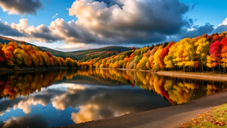 cloudy sky at autumn, detailed autumn landscape, rolling hills, colorful fall foliage, overcast sky, warm golden sunlight, dramatic clouds, vibrant orange and red trees, fallen leaves on ground, serene pond reflection, professional landscape photography, photorealistic, 8K, HDR, physically-based rendering, sharp focus,vivid colors
